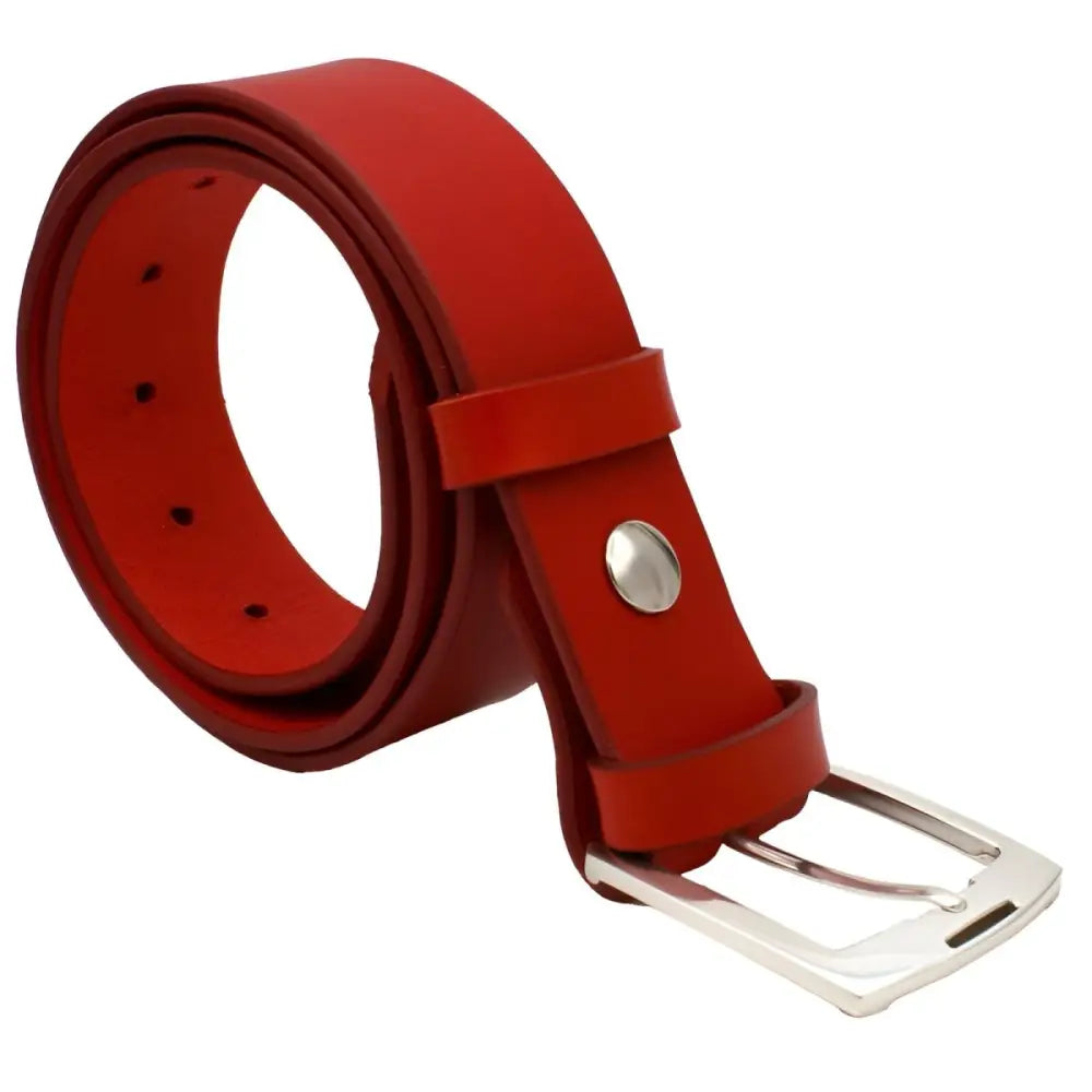 Pink leather belt with a silver buckle displayed for product highlighting