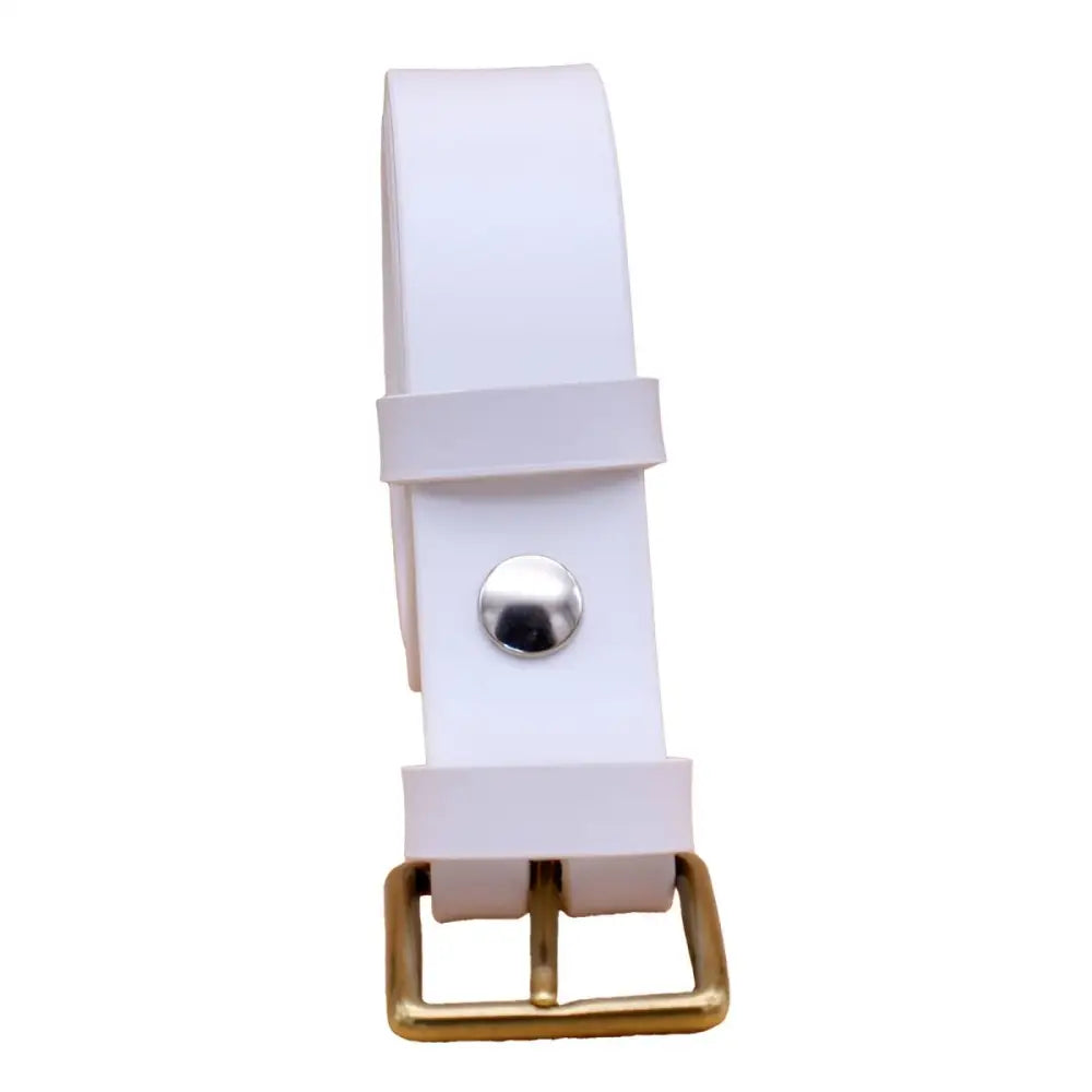 White belt with brass buckle showcasing full-grain leather and enduring style