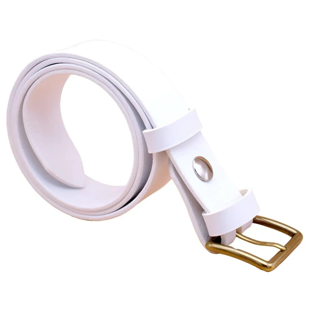White leather belt with brass buckle made from full-grain leather for a stylish look