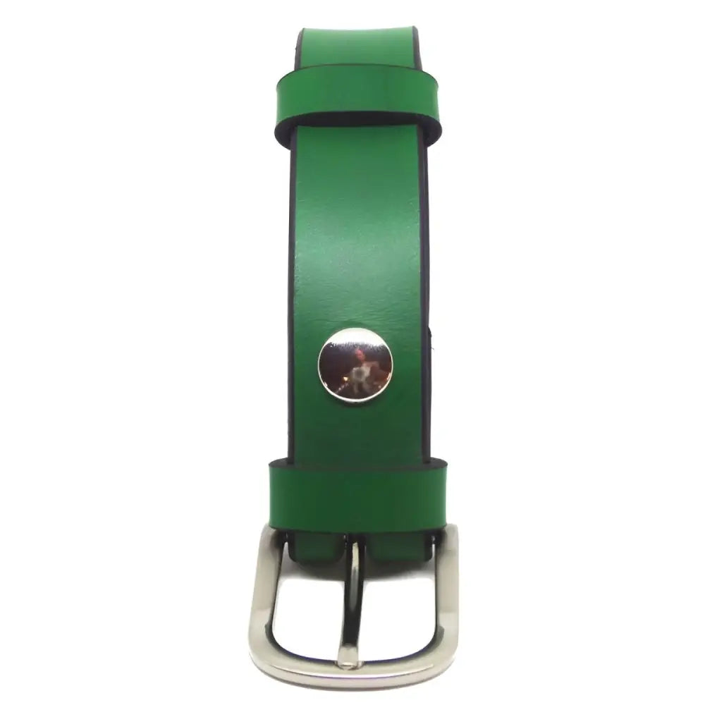 Green full-grain leather belt with silver buckle for stylish men’s accessories