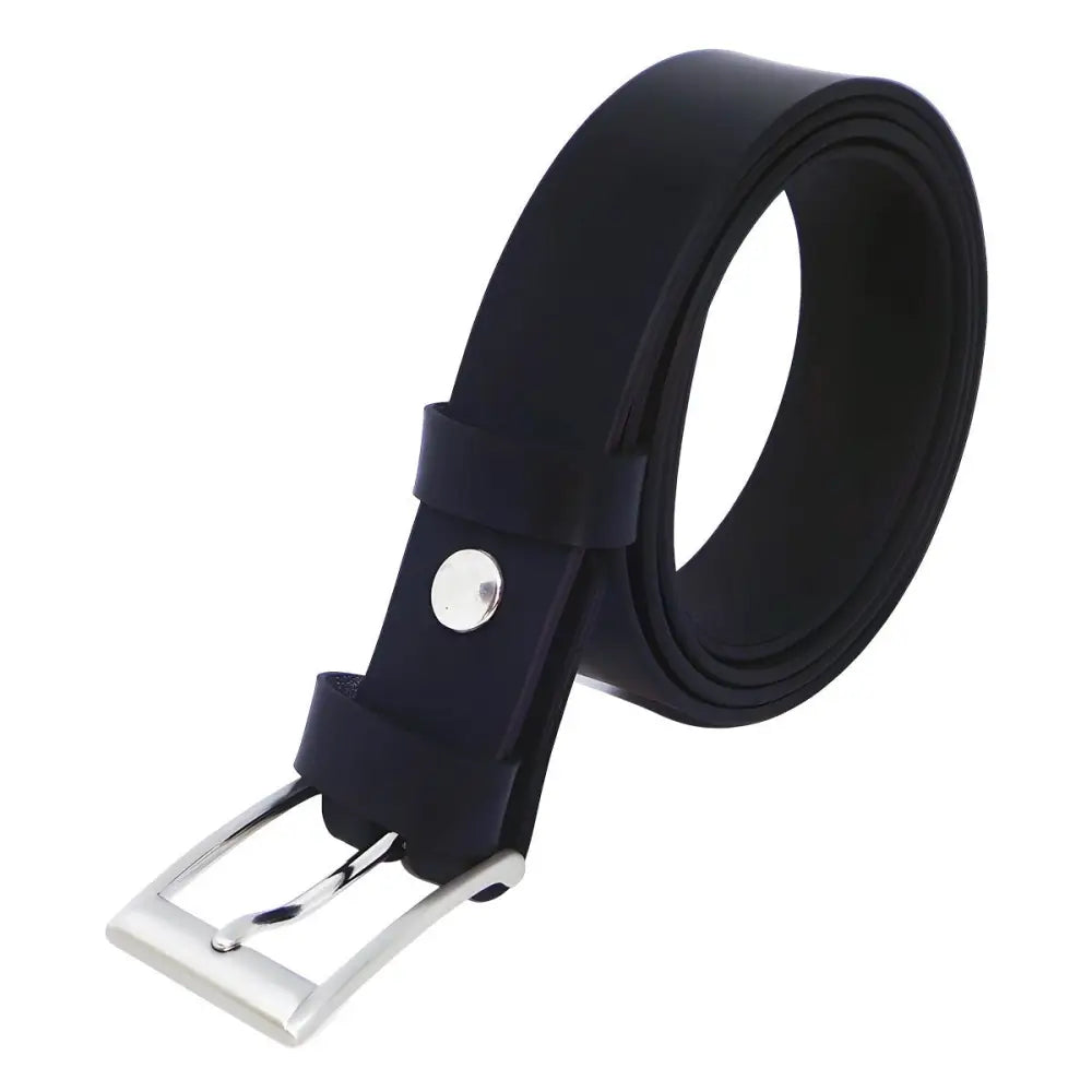 Black leather belt with silver buckle showcasing vegetable tanning and belt offers exceptional style