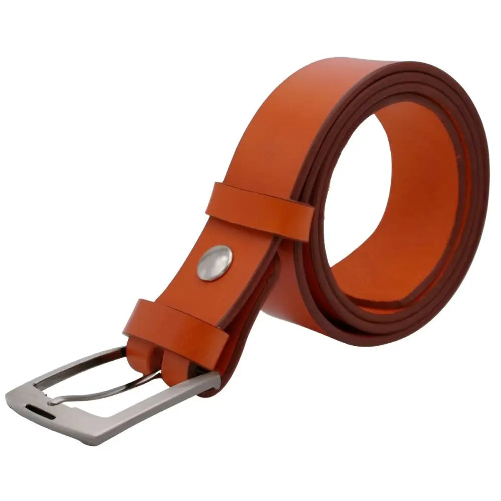 Orange leather belt with a silver buckle displayed with a Pink Leather Belt with Silver Buckle product