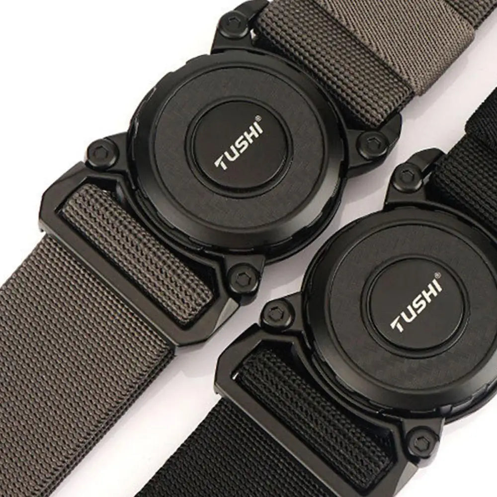 Two black TUSHI watch bands on Balki Model Tactical Belt Set with Magnetic Buckles