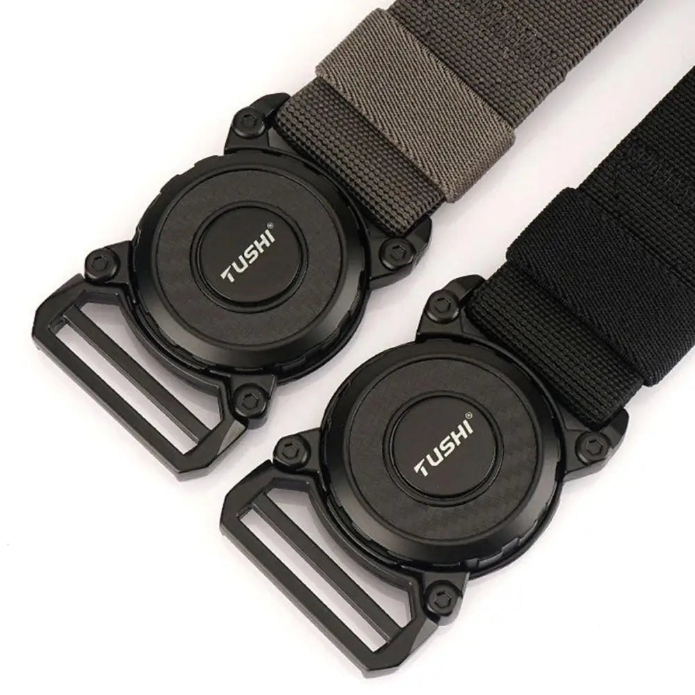 Balki Model tactical belt set featuring two black belts with circular magnetic buckles