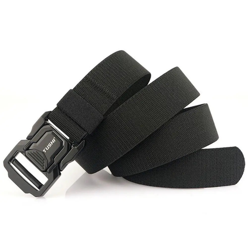 Black nylon tactical belt with metal buckle for durable outdoor and military use