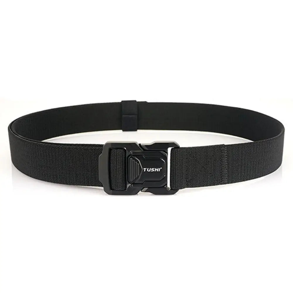 Black nylon tactical belt with metal buckle for durable wear and secure fit