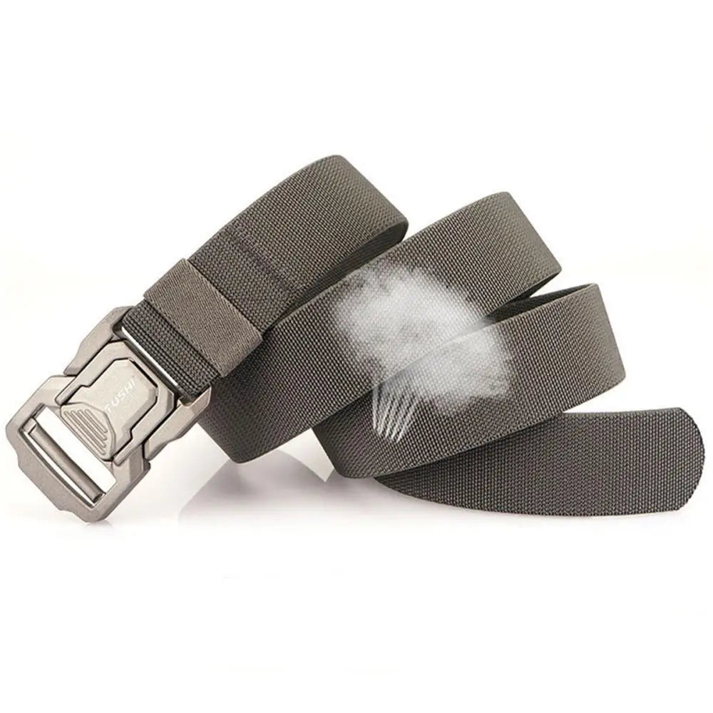 Gray woven tactical belt with a metal buckle in a set of three tactical belts