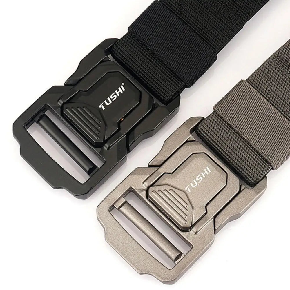 Two tactical belts with durable metal buckles displayed in a set of three tactical belts