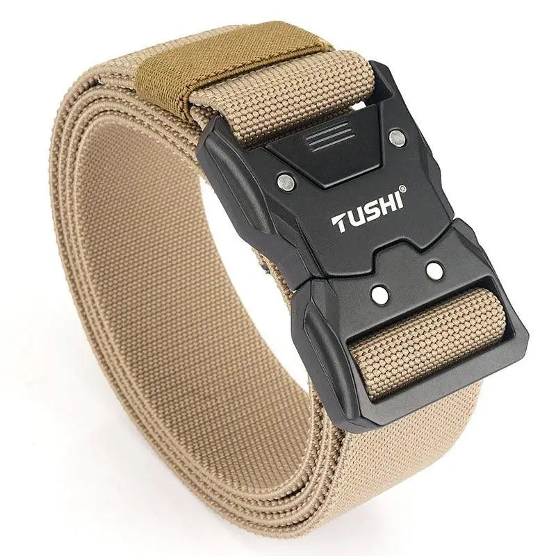Khennal belt set featuring a tan canvas belt with black metal buckle
