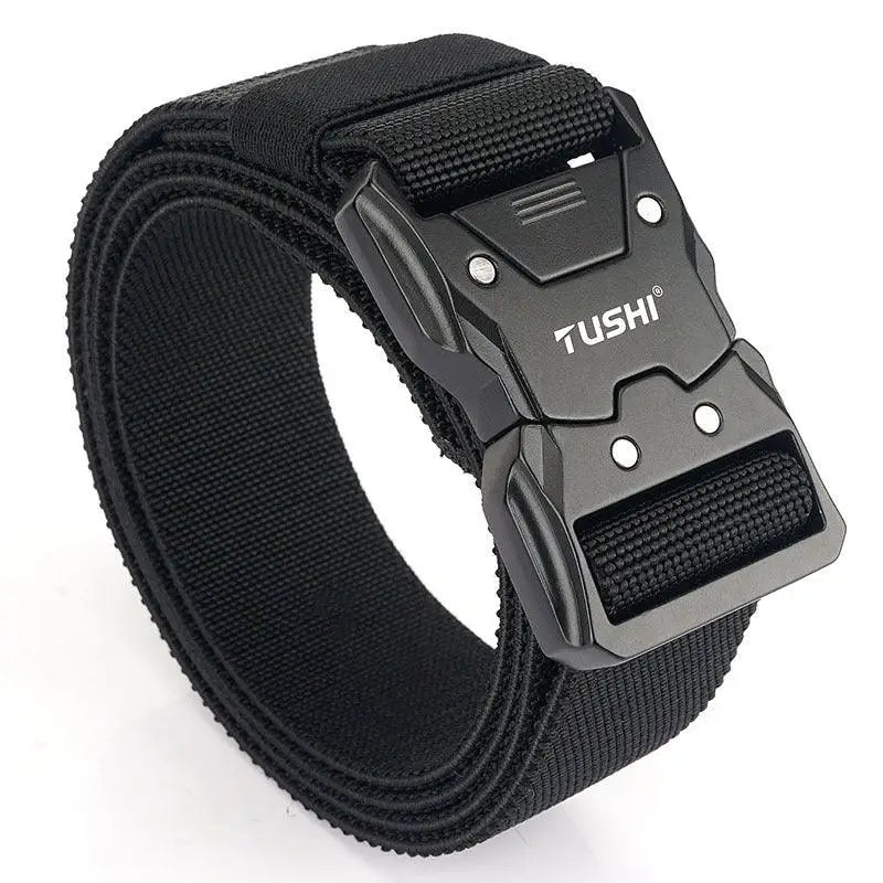 Black nylon belt with metal buckle from Khennal Belt Set featuring TUSHI tactical belts