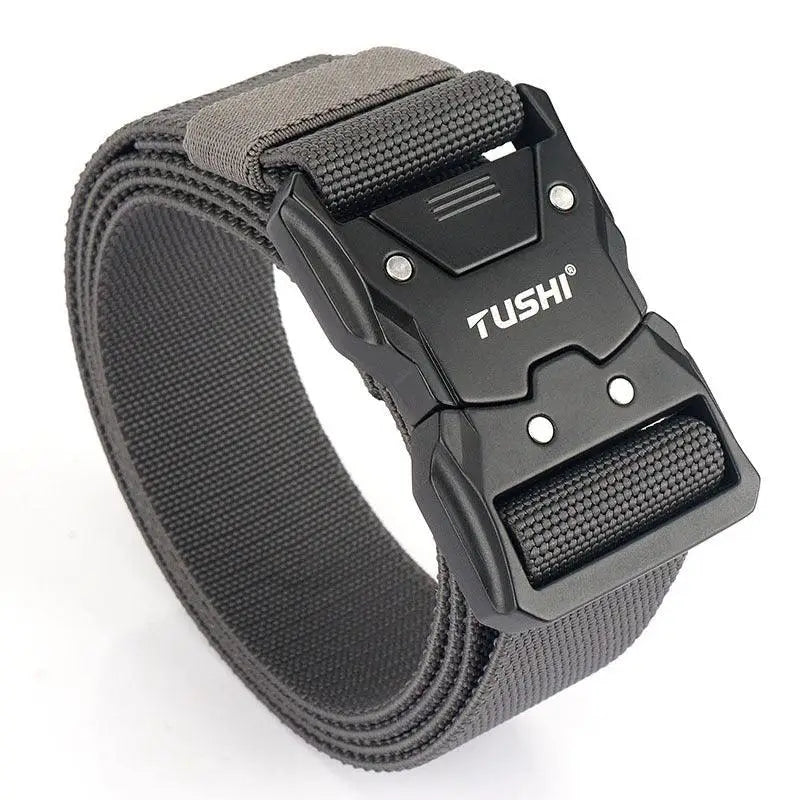Gray nylon belt with black metal buckle from Khennal Belt Set with Two TUSHI Belts