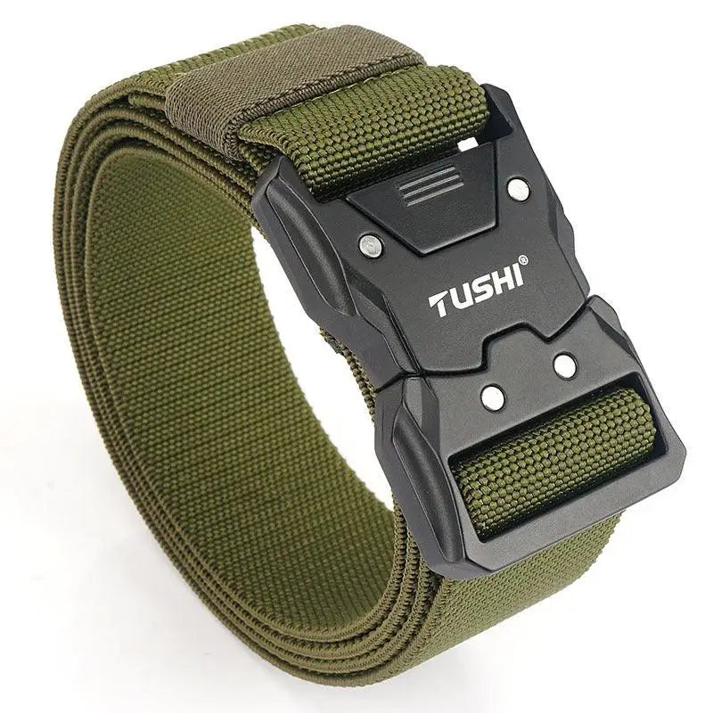 Green tactical belt with black buckle from Khennal Belt Set featuring two TUSHI nylon belts