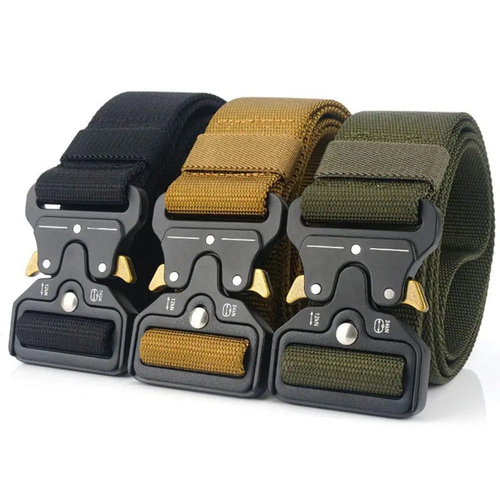 Image of three tactical belts with metal buckles in black and olive green for versatile use