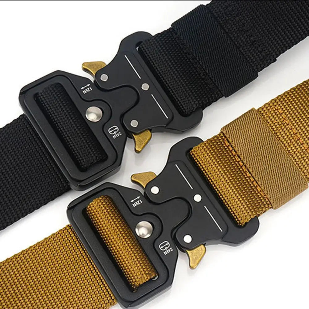 Two tactical belts with sturdy metal buckles in black and olive green layout for outdoor use