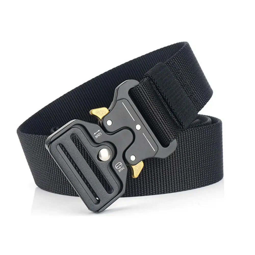 Black tactical belt with metal buckle featured in Set of Three Tactical Belts in Black and Olive Green