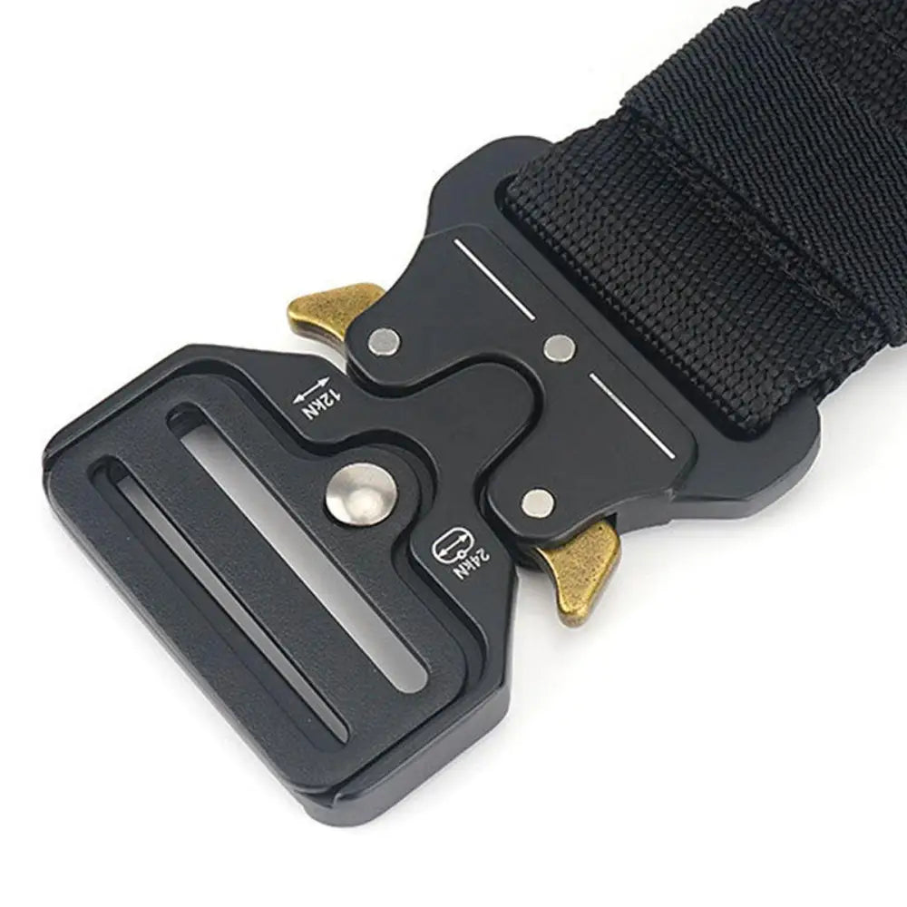 Black metal buckle on tactical belt with durable webbing for military or outdoor use