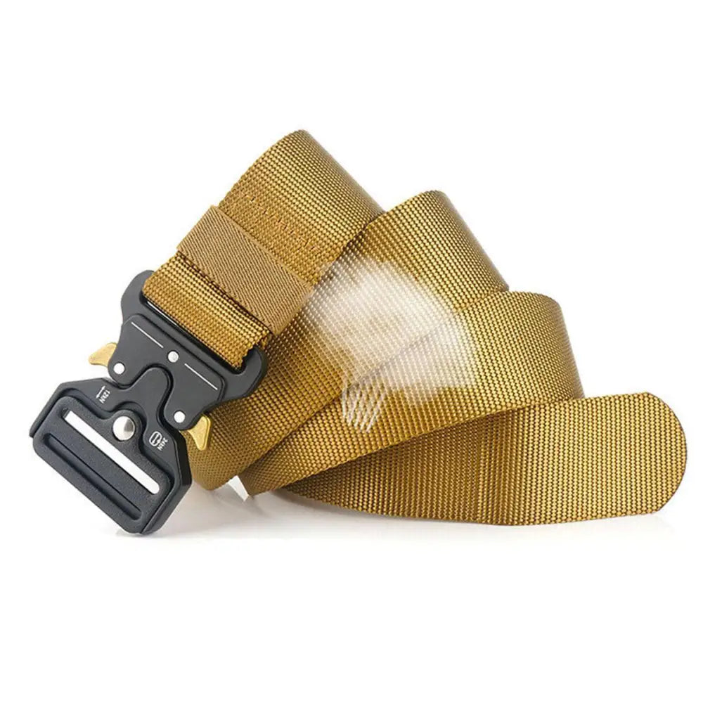 Tan tactical belt with black buckle from Set of Three Tactical Belts with Metal Buckles in Black and Olive Green