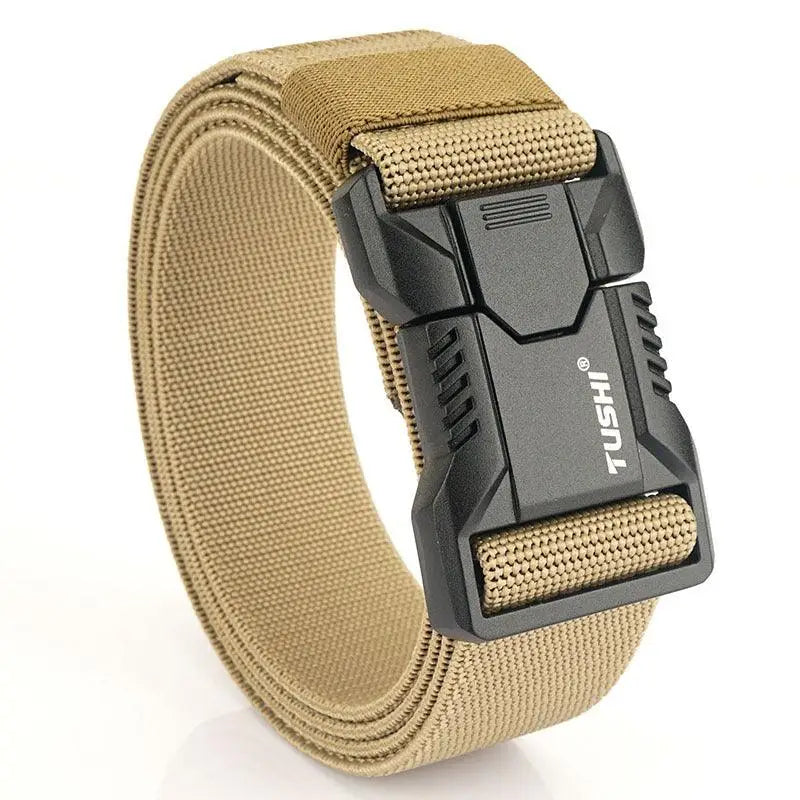 Tan nylon Thidrik elastic tactical military belt with black buckle for combat use