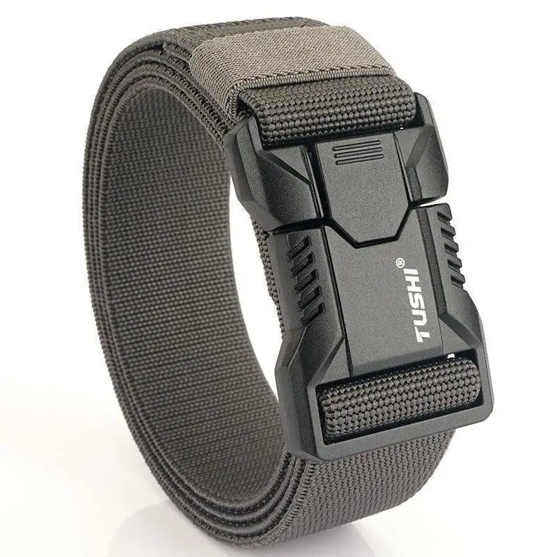 Gray nylon Thidrik Elastic Tactical Belt with black plastic buckle for military use