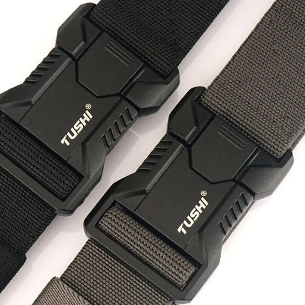 Two black and gray Thidrik Elastic Tactical Belts with plastic buckles for military use