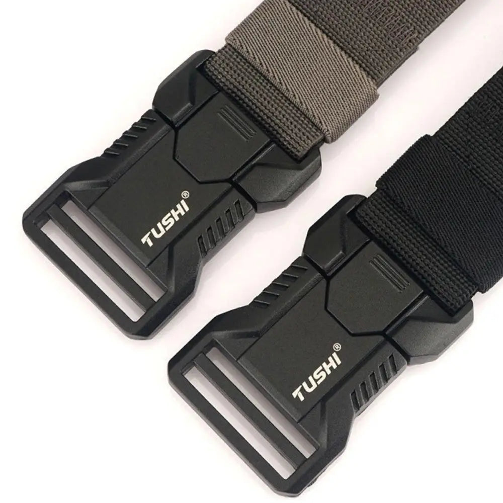 Two black TUSHI belt buckles on Thidrik Elastic Tactical Military Belt