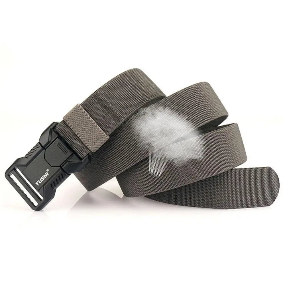 Gray woven Thidrik Elastic Tactical Belt with black plastic buckle for military use