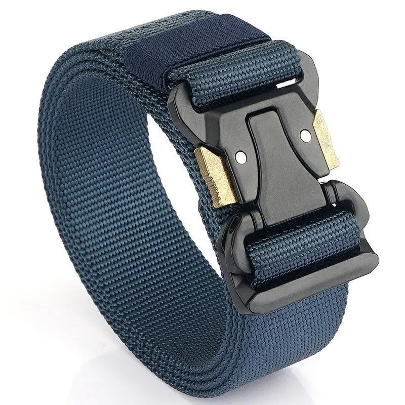 Blue nylon hallfred tactical elastic belt with black metal buckle for military use