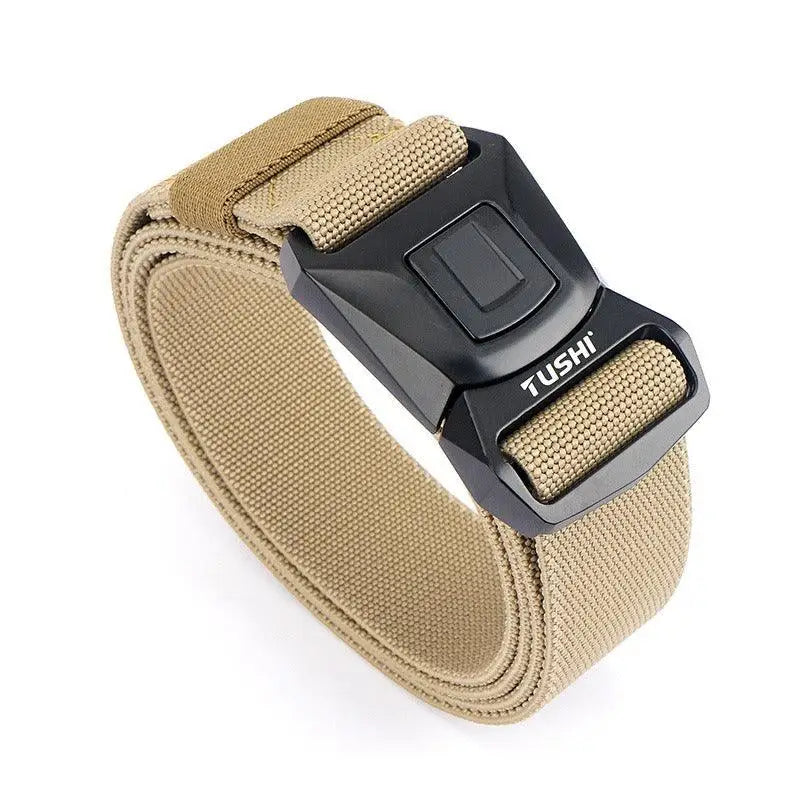 Tan nylon koll tactical military belt with black buckle and metal details