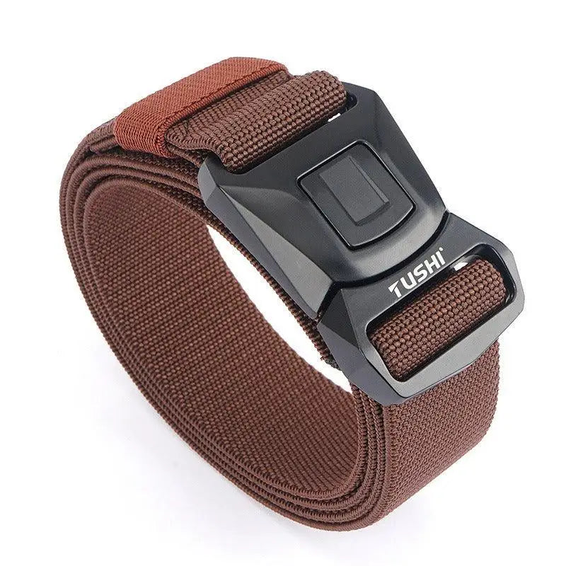 Brown woven koll tactical military belt with black buckle for tactical military use