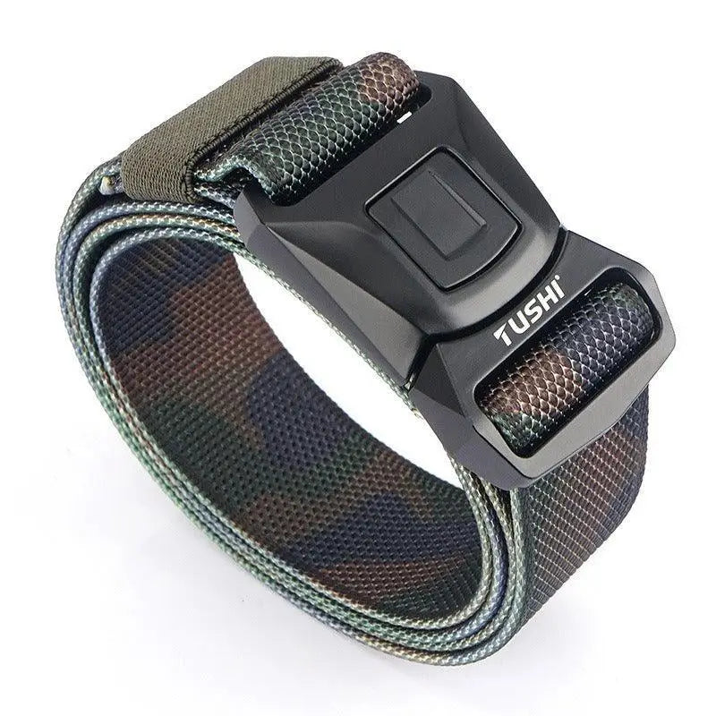 Camouflage patterned watch band with black buckle on Helge Tactical Military Belt