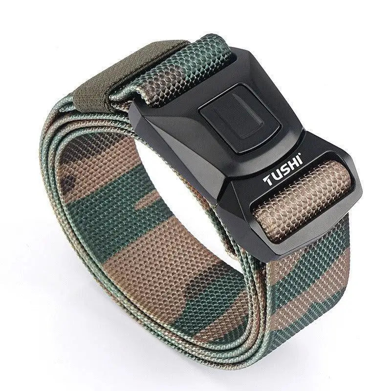 Camouflage patterned watch band with black buckle on Helge Tactical Military Belt