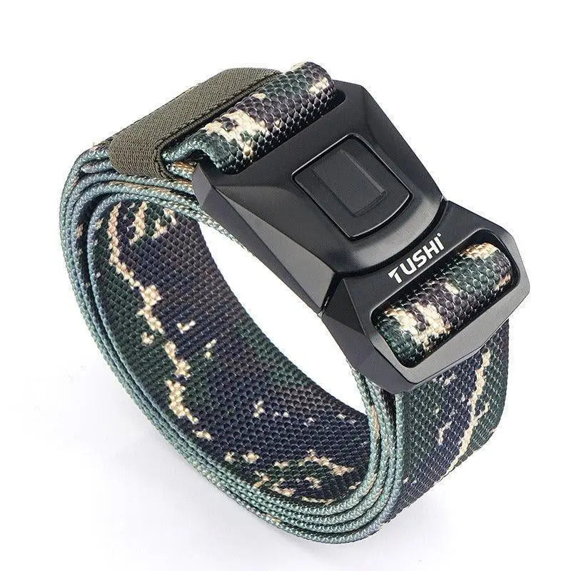 Camouflage patterned watch band with black buckle on Helge Tactical Military belt