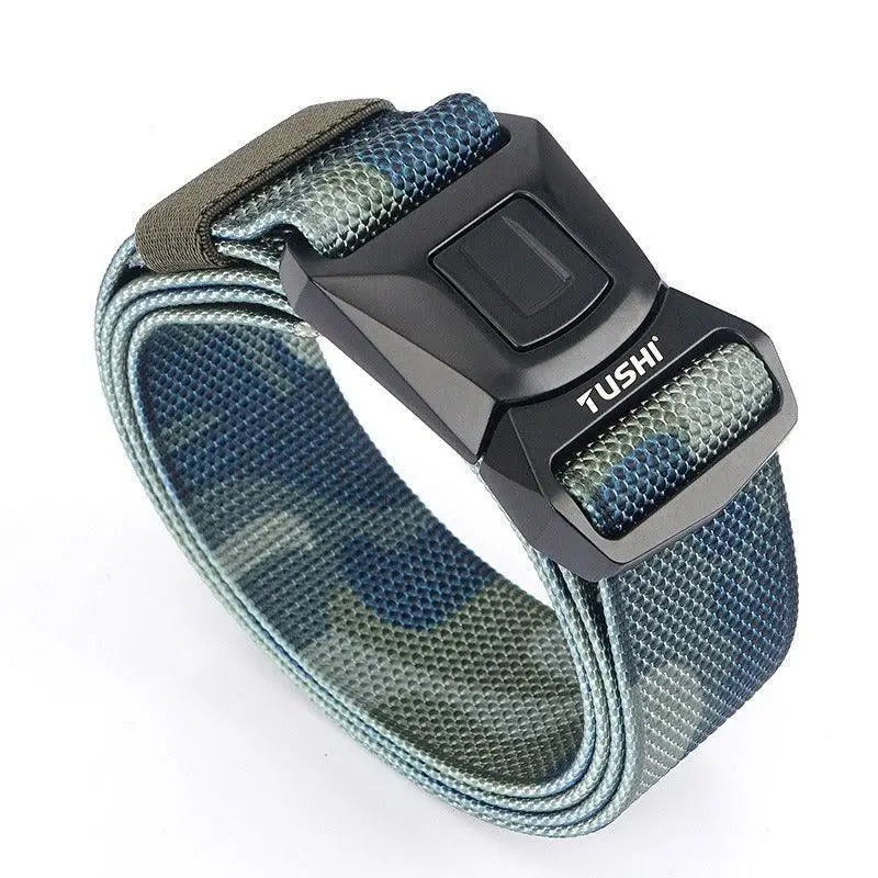 Camouflage patterned watch band with black buckle on Helge Tactical Military Belt