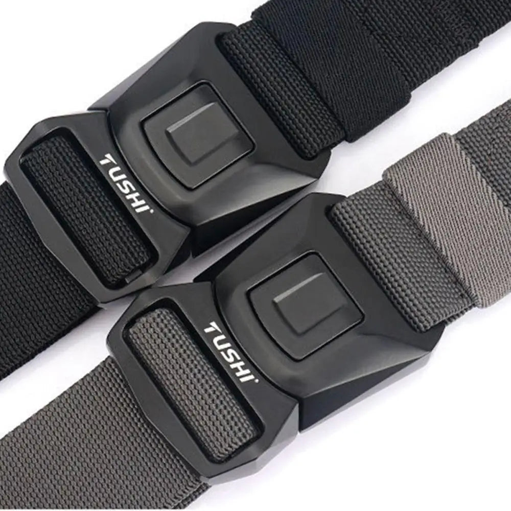 Two black TUSHI belt buckles on Helge Tactical Military Belt with camouflage watch band
