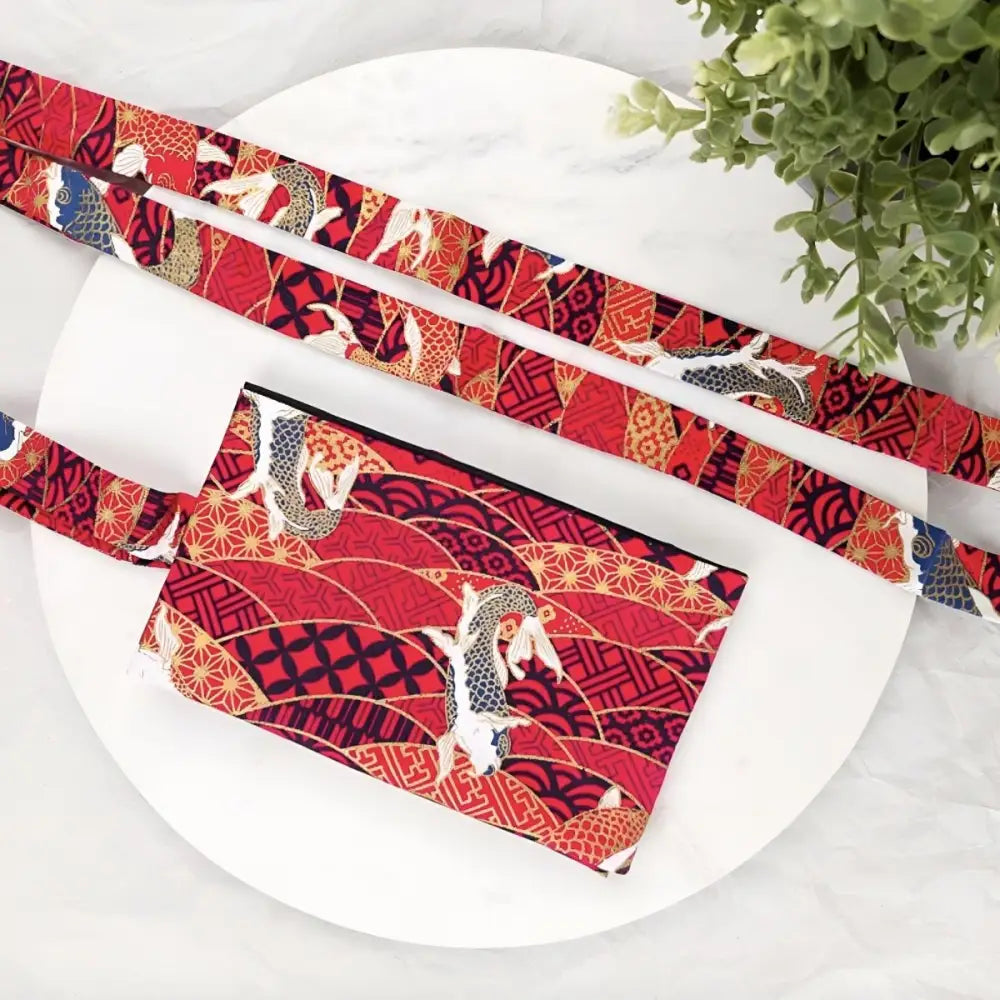 Red koi carp pattern fabric wallet with matching carp pattern obi belt and straps