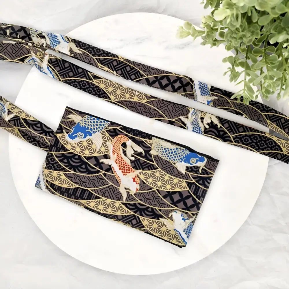 Red Koi Carp Pattern Fabric Wallet with matching Carp Pattern Obi Belt featuring koi fish design