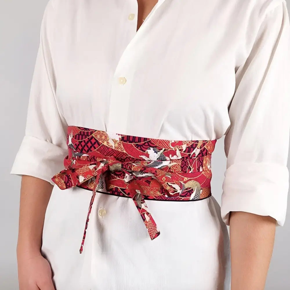 Red patterned obi belt featuring Koï Carp pattern for traditional Japanese attire