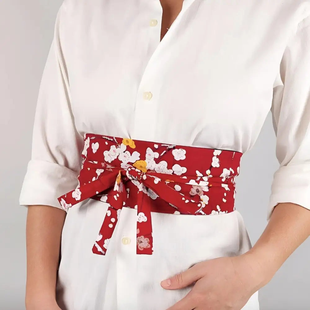 Red floral obi belt with plum blossom design and Hana Model handbag straps