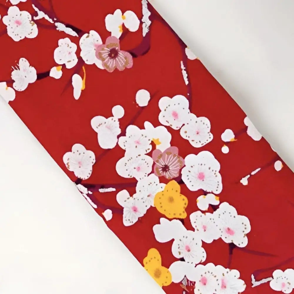 Red floral patterned obi belt with plum blossom design and Hana Model handbag