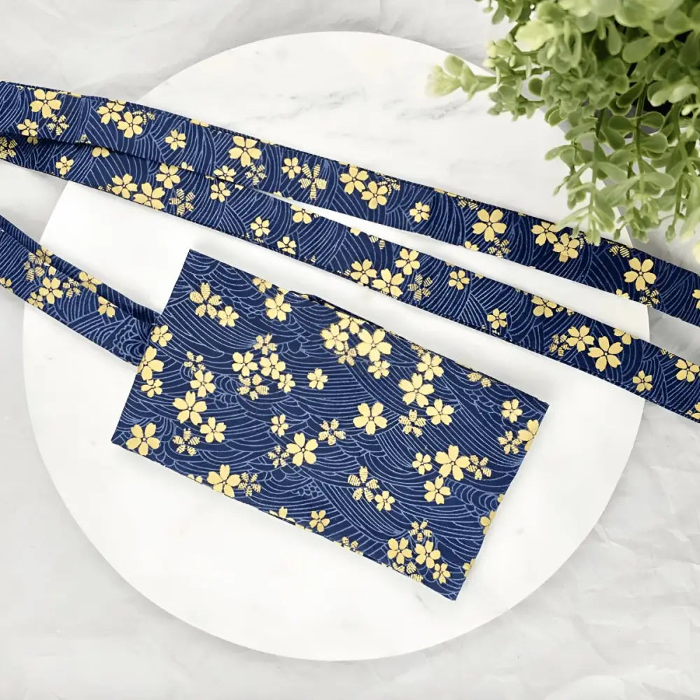 Blue floral patterned bag with sakura flower-patterned obi and strap for elegant style