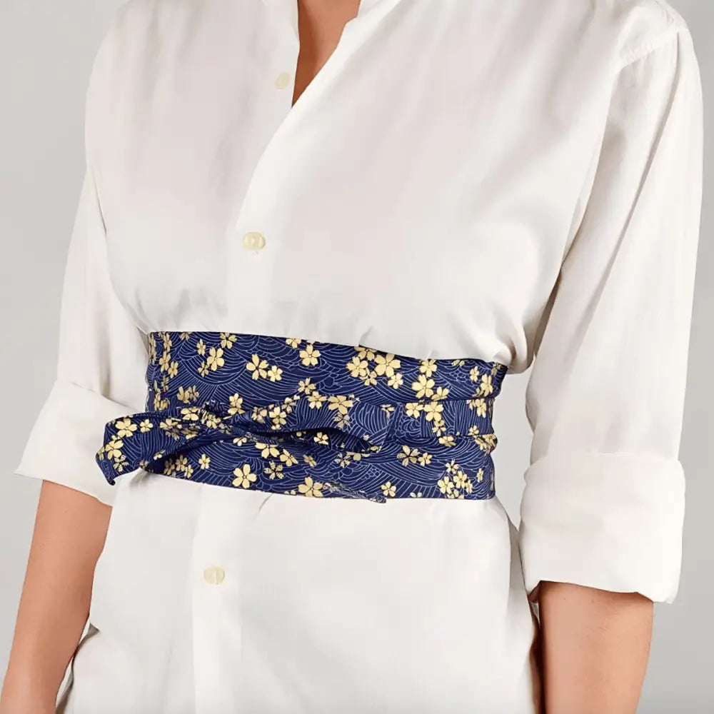 Blue floral patterned obi belt with sakura flower pattern for elegant traditional fashion