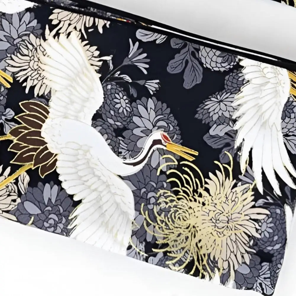 Black fabric bag and floral Obi Mita belt featuring a crane pattern and floral fabric