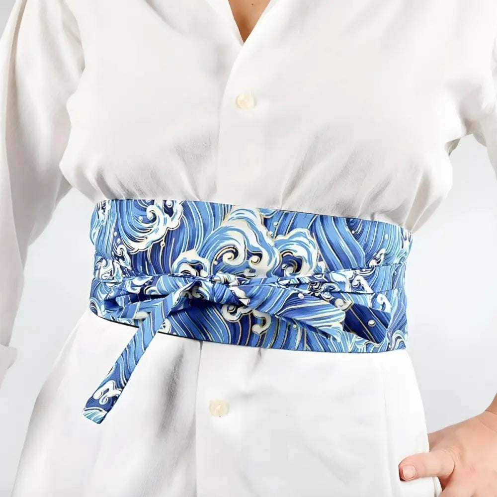 Blue wave-patterned obi belt with Japanese wave design and matching luggage tag