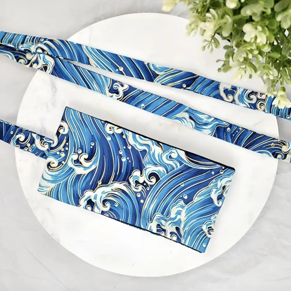 Blue wave patterned luggage tag with Japanese wave design and matching obi belt product