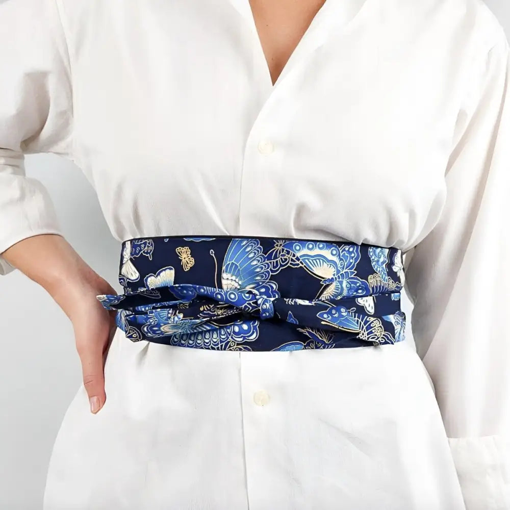 Blue butterfly-patterned obi belt from the Blue Butterfly Patterned Fabric Accessories Collection