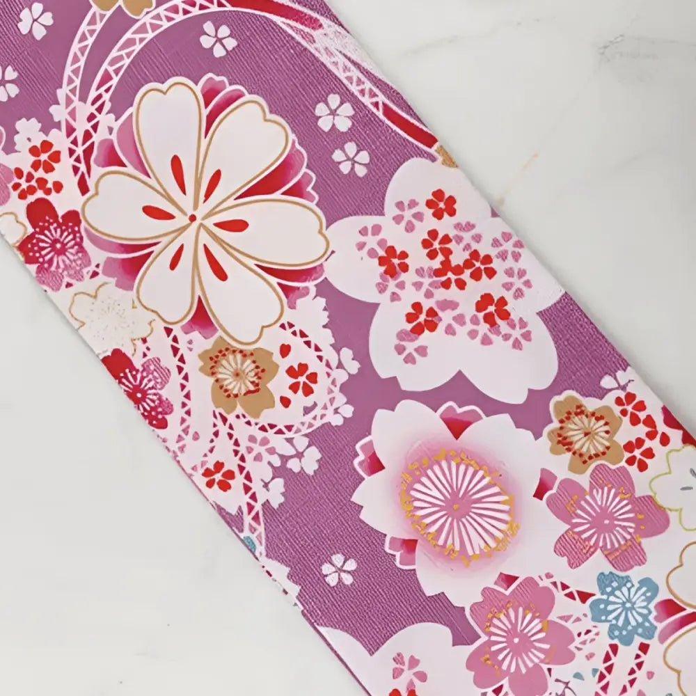Floral patterned fabric on Purple Ribbon Luggage Tag and Obi Belt product display