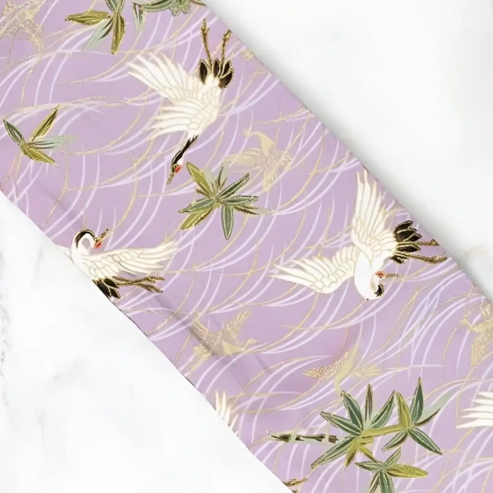 Lavender crane pattern fabric with floral obi belt for elegant Traditional attire