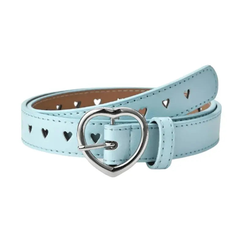 Light blue love model leather belt with heart-shaped buckle and cutouts