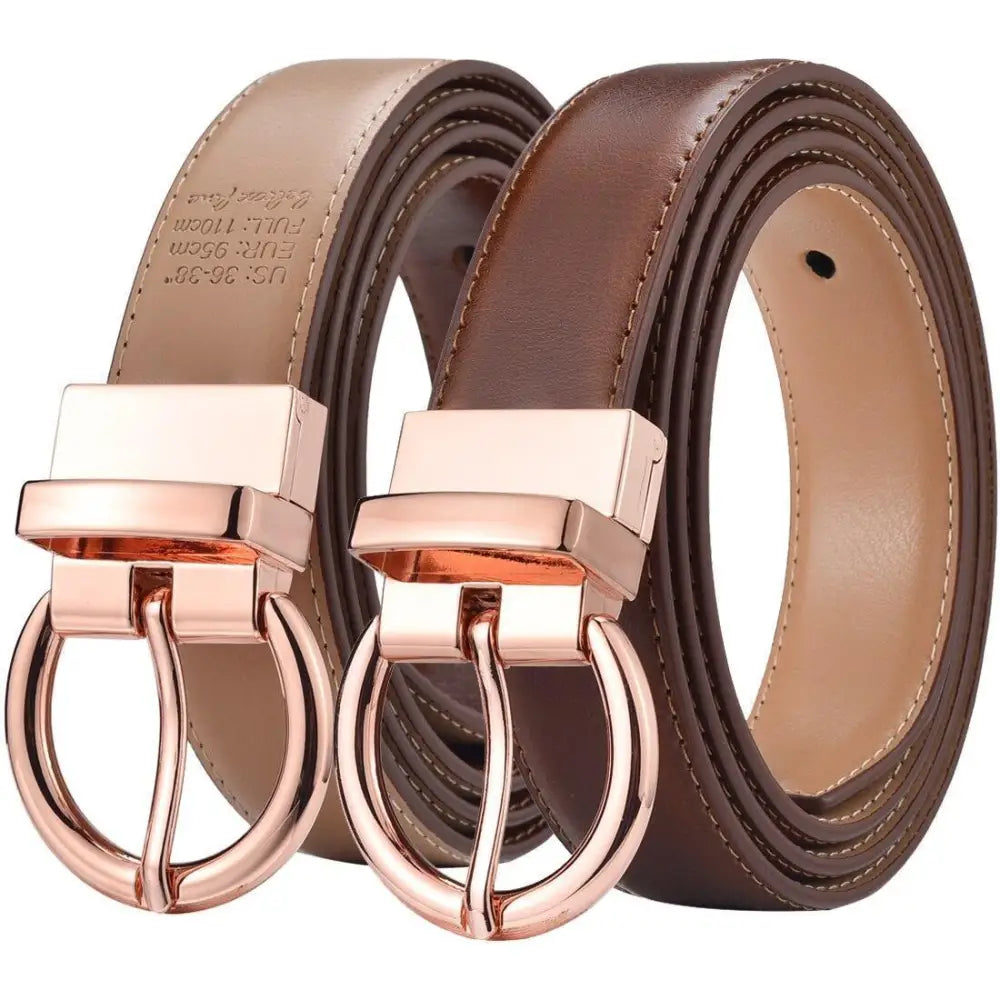Leather belts with rose gold buckles displayed with Women’s Casual Outfit featuring ribbed turtleneck