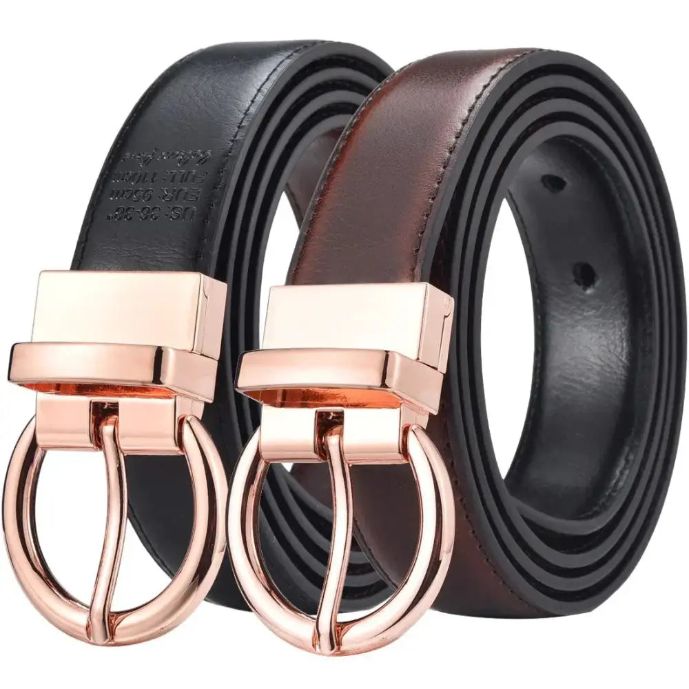 Leather belts with rose gold buckles complementing Women’s Casual Outfit with Ribbed Turtleneck